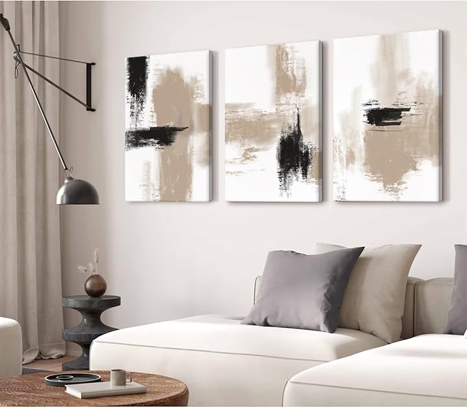 Beige Abstract Wall Art Painting Set of 3 Neutral Canvas Wall Art Prints Black Beige Modern Wall Decor Minimalist Art Pictures Abstract Modern Artwork for Room Bedroom 24x36 Inch Framed