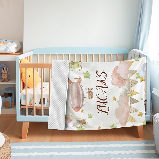 Personalized Baby Blanket for Girls, Custom Name Blanket for Newborn New Mom , Soft Flannel with Double Layer Dotted Backing, Gifts for Baby Shower Christmas Birthday, Hot Air Balloons(60"x80)