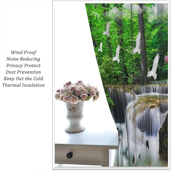 Nature Blackout Curtain, Waterfall Landscape Forest Swan Fish Pattern Rod Pocket Window Drapes, for Bedroom Living Room 63" W X 72" L