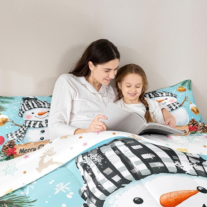 Feelyou Merry Christmas Comforter Set Queen Size Cute Snowman Bedding Set for Kids Boys Girls Snowflake Duvet Quilt Winter Bedroom Decor Microfiber 3 Pcs with 2 Pillow Cases