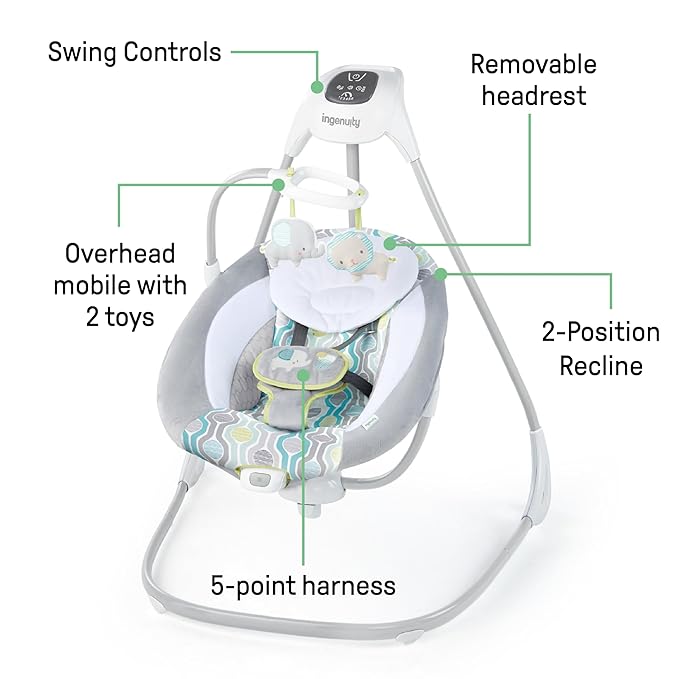 Ingenuity SimpleComfort Lightweight Compact 6-Speed Multi-Direction Baby Swing, Vibrations & Nature Sounds, 0-9 Months 6-20 lbs (Everston)