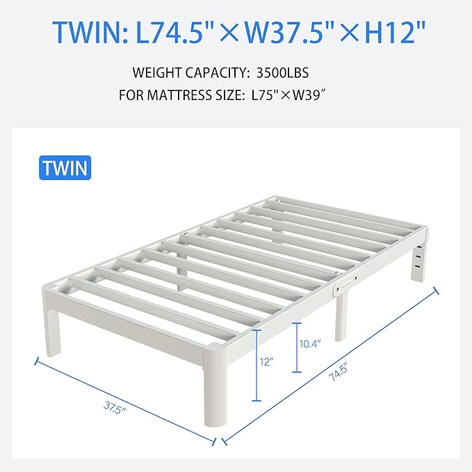 White Twin Size Bed Frames 12 Inch, Metal Platform Twin Bed Frame No Box Spring Needed, Heavy Duty Steel Support 3500 LBS, DIY Headboard, Round Legs, Noiseless, Storage Space, Easy Assembly