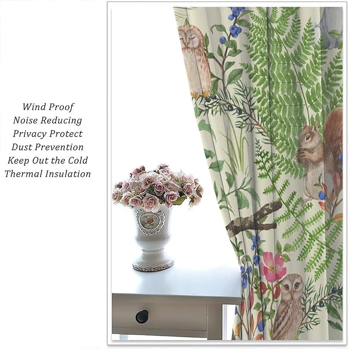 Forest Animal Curtains, Kids Rustic Wild Animal Window Treatments Watercolor Cute Woodland Fox Hedgehog Window Drapes for Nursery Toddler Bedroom 42x45in