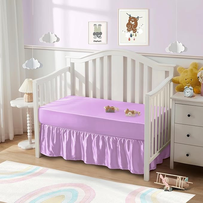 SiinvdaBZX 2-Piece Set Satin Crib Sheets & Crib Bed Skirt, 52" x 28" Silky Soft Ruffled Baby Crib Skirt with Adjustable Elastic 14" Drop, Fit for Standard Crib & Toddler Bedding (Lavender)