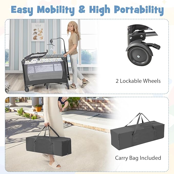 HONEY JOY Pack and Play, 4 in 1 Portable Baby Playard with Bassinet, Changing Table, Lockable Wheels, Music Box, Foldable Travel Baby Crib Nursery Center from Newborn to Toddler (Gray)