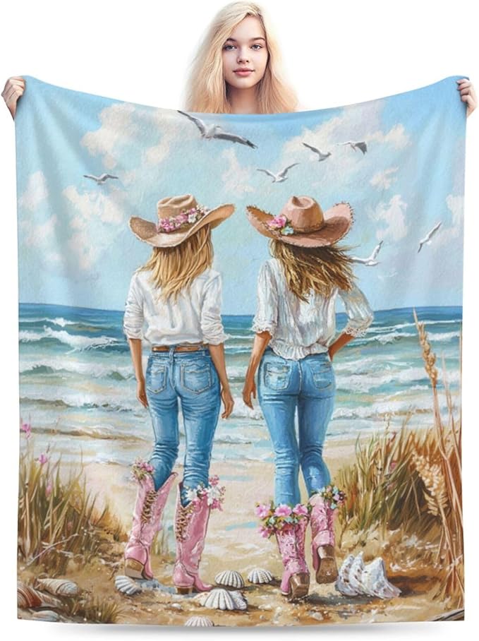 Coastal Cowgirl Blanket Cowgirl Beach Decor Throw Blanket Super Soft Flannel Lightweight Fluffy Plush Fuzzy Fleece Western Blanket Gifts for Girl Woman Boys Kids Adults Man for Bed Sofa 40"X50"