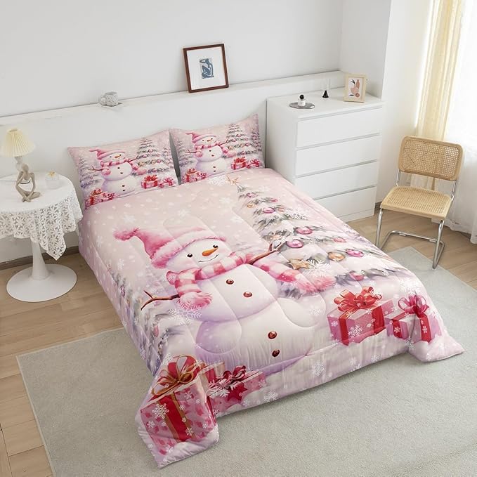 Xmas Tree Gift 3 Pcs Comforter/Duvet Set,Merry Christmas Ultra Soft Bed Collection,Pink Christmas Snowman Bedding for Room Decor 3 Pcs,Microfiber Breathable,King