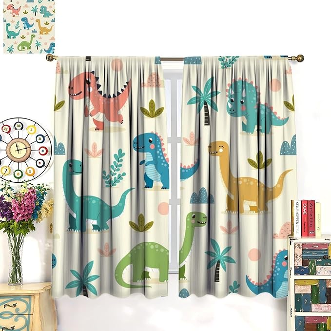 Fun Dino Curtains, Cute Colorful Dinosaur Pattern Blackout Window Treatments, Rod Pocket Thermal Insulated Drapes 2 Panel Sets for Children Boys Bedroom Nursery Classroom, 63" W X 72" L