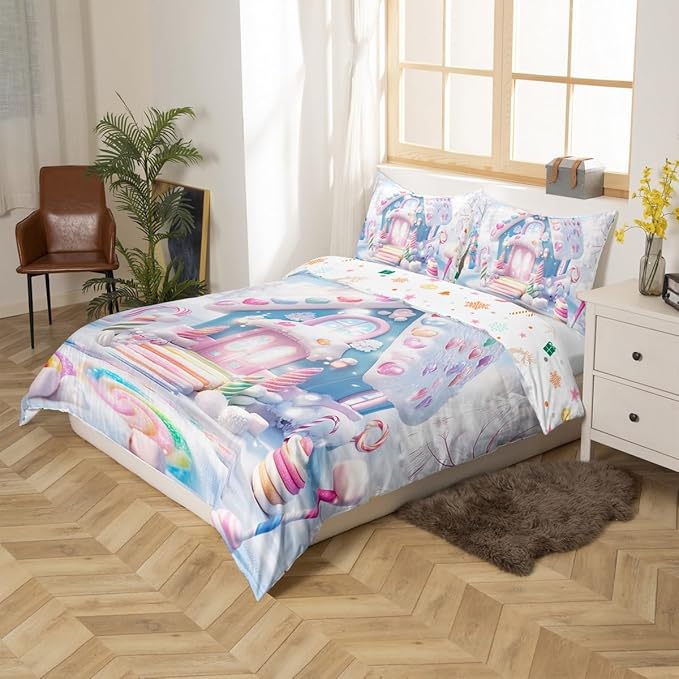 Manfei Christmas Kids Duvet Cover Set King Size, Cute Candy Cabin Xmas Bedding Set for Boys Girls Room Decor, New Year Winter Comforter Cover, Soft Polyester Quilt Cover, 2 Pillowcases, No Comforter