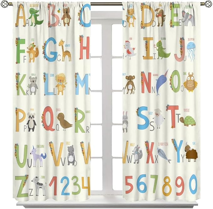 Kids Alphabet Curtains Funny Letter Education Cute Cartoon Animal Printed Curtain with Rod Pocket for Bedroom Living Room Home Decor Drapes Window Treatments 2 Panels Set 42" W X 45" L