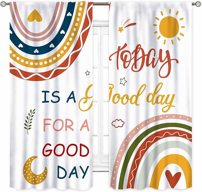 Rainbow Curtains for Classroom, Kids Girls Baby Boho Cute Inspirational Motivational Quotes Cartoon Colorful Pastel Nursery Classroom Bedroom Living Room Bathroom Window Drapes 2 Panels, 63"x63" Inch