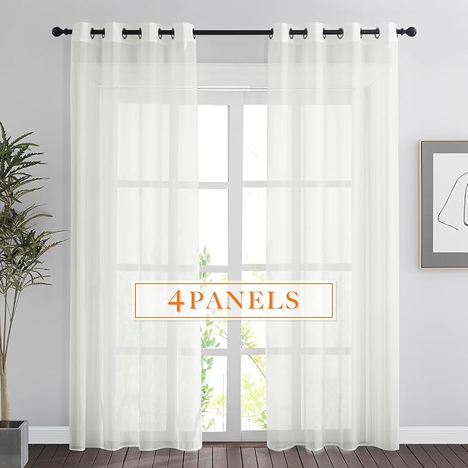 RYB HOME Sheer Curtains 84 Inches Long for Living Room, Light Filtering Grommet Top Solid Color Sheer Window Panels, Lightweight Elegant Curtains for Bedroom, Office, Ivory, W54 x L84, 4 Pieces