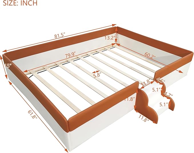 Queen Size Upholstered Daybed Frame with Fence and Stairs, Montessori Kids Floor Bed with Sturdy Slat Support for Kids Boys Girls (Brown+Queen)