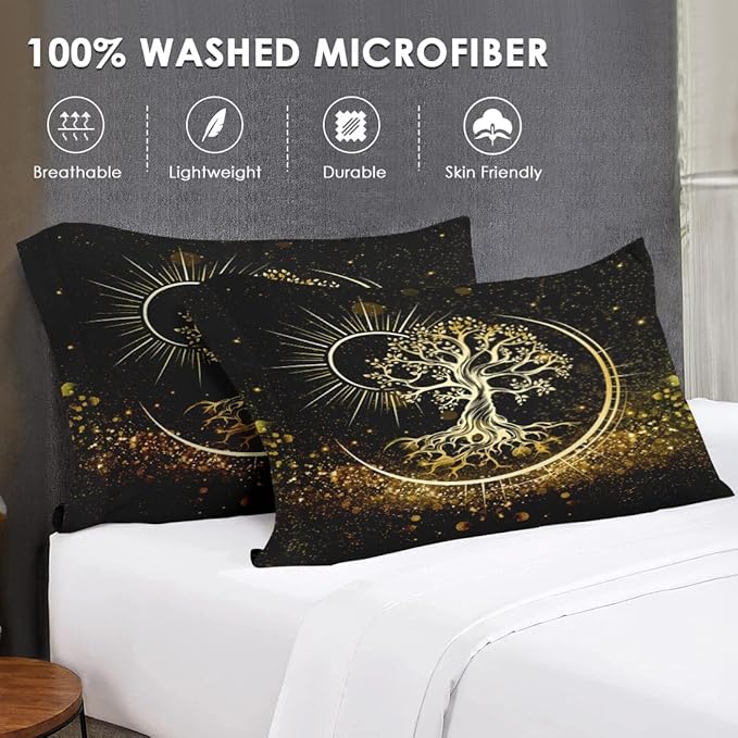 7 Pcs Full Size Comforter Set with 2 Pillowcases & 2 Shams, Black Sun and Moon Bedding for Kids and Adults, Nature Tree of Life Bed in a Bag with Flat Fitted Sheet