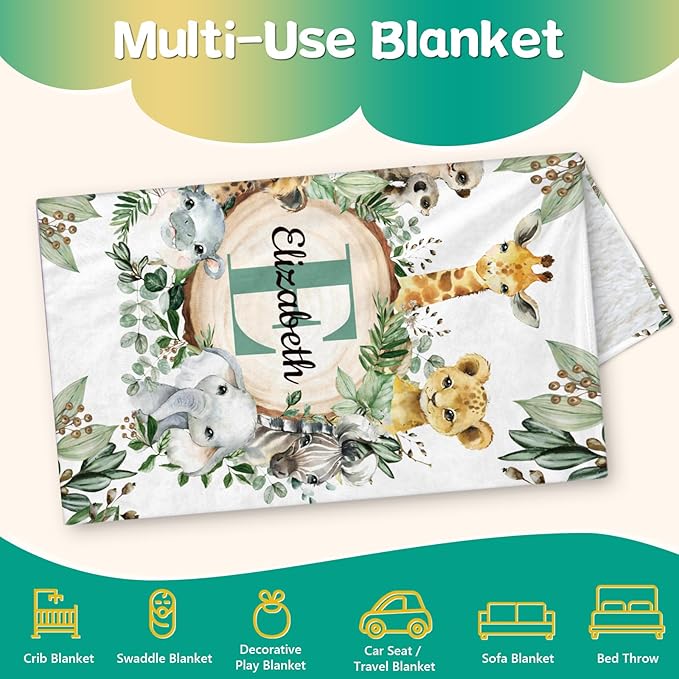 Custom Safari Animals Blanket Gift, Personalized Baby Blanket with Name, Soft Plush Flannel/Sherpa Fleece Throw Blankets for Toddler Kid Teen Boys Girls Color13