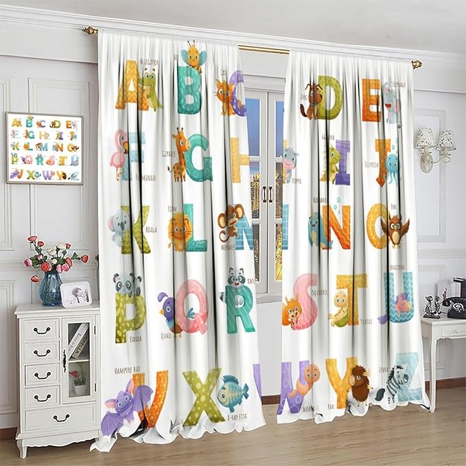Kids Alphabet Curtains Educational Baby Cartoon Animals Colorful Cute Curtain with Rod Pocket for Nursery Living Room Home Decor Drapes Window Treatments 2 Panels Set 84x84in
