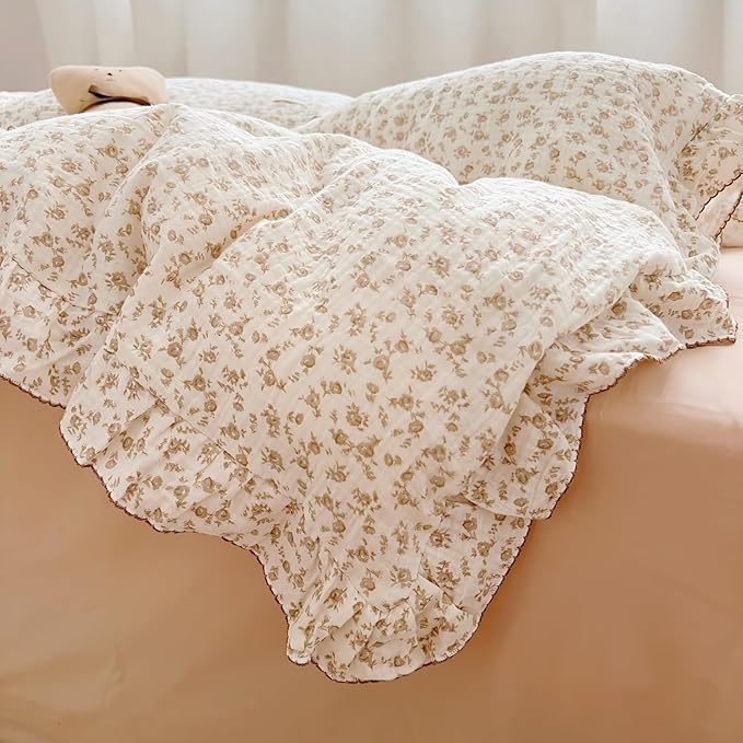 BuLuTu Kids Duvet Cover Soft 2-Layer Cotton Muslin Floral Duvet Cover Beige Comforter Cover Bedding Duvet Protector, 60"x78", Camellia Print (Pillowcases Not Included)