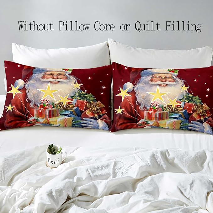 LUVIVIHOME 3PCS Christmas Santa Duvet Cover Queen Bedding Sets, Boys Girls Kids Bedding, Winter Holiday New Year Xmas Gifts Red Christmas Comforter Bedspread Quilt Cover, Bed in a Bag, 2 Pillow Shams