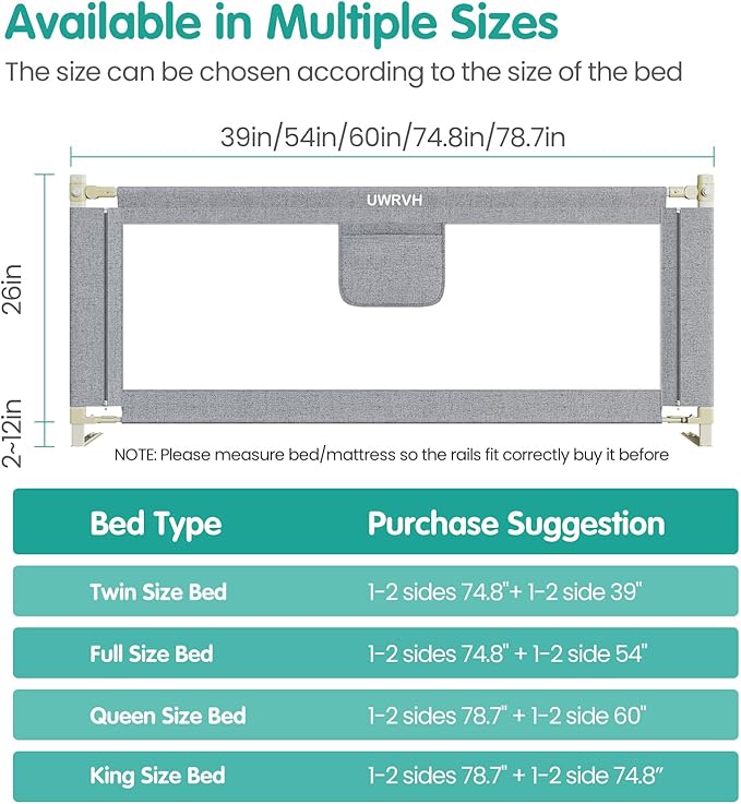 Bed Rails for Toddlers，Toddler Bed Rails，Bed Rail for Baby - Adjustable Height Bed Guard with Child Safety Lock, Universal Fit for King/Full/Twin Beds (Grey, 1 Side 47Inch)