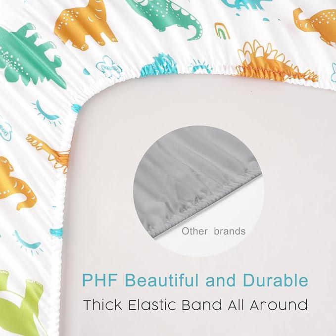PHF Soft Crib Sheet Fitted, 2 Pack Baby Sheets for Boys Girls, 28x52x9in Fits Standard Crib and Toddler Mattresses, Silky Comfy Breathable Polyester Baby Mattress Sheets, Dinosaur