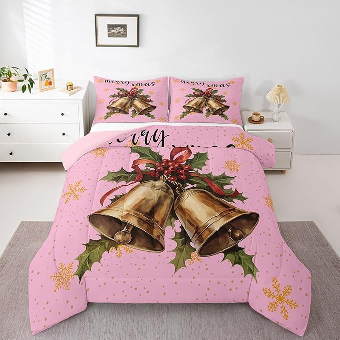 Erosebridal Merry Xmas King Kids Comforter Sets Christmas Bell Bedding Sets for Girls Happy New Year Theme Down Comforter for Boys Teens Snowflake Quilt Set,Pink