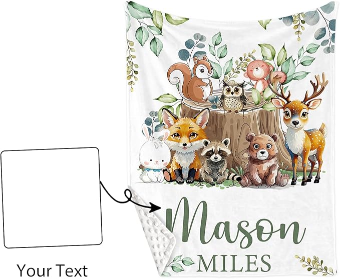 Custom Baby Crib Bedding Set,Personalized Name Animal Stump Pattern Nursery Bed Set 4 Piece,Baby Blanket Fitted Sheet Nursery Rug Wall Art Set,Custom Room Decor Idea Gift for Newborns Boys Girls