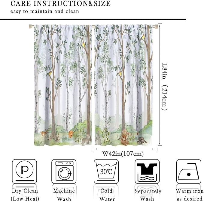Kids Animal Curtains, Watercolor Natural Forest Animal Hedgehog Fox Butterfly Rabbits Forest Print Curtain Boys and Girl Bedrooms 84x84in