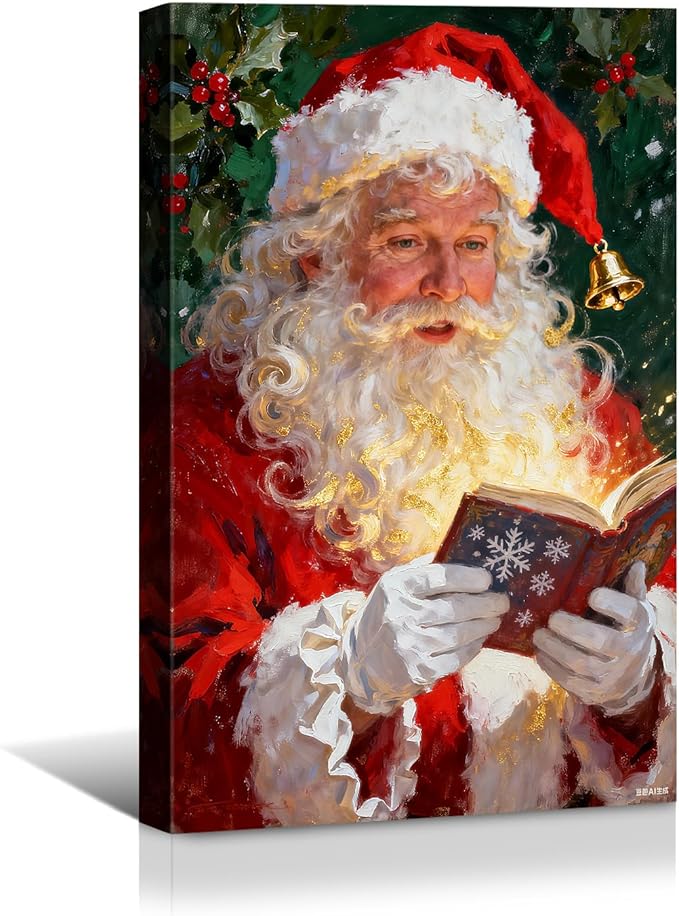 YONICA Christmas Canvas Wall Art Reading Santa 36x46 Inch Oil Painting with Glowing Book and Holly - Large Framed Gallery Wrapped Library Decor