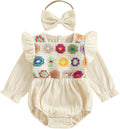 Gaono Newborn Baby Girl Smocked Bubble Romper Cute Boho Summer Clothes Ruffle Sleeveless Crochet Flower Vintage Bodysuit
