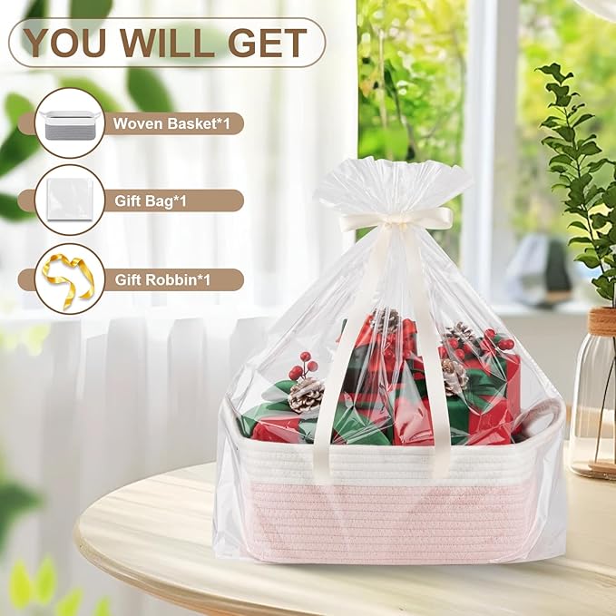 OIAHOMY Small Woven Rope Basket with Gift Bags and Ribbons, Gift Basket Empty for Baby Shower Birthday, Halloween, Christmas, Cute Cat Ear Handles for Shelf Living Room Bathroom, Grey & White