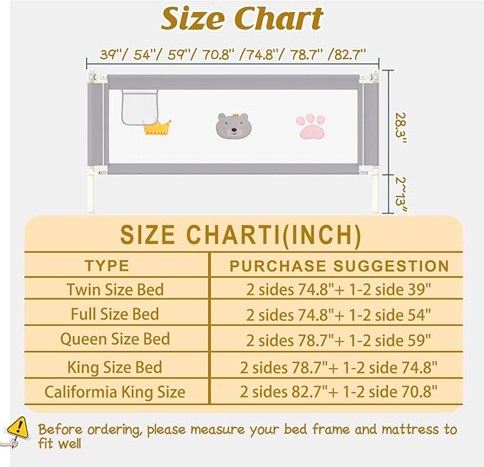 Height Adjustable Bed Rail for Toddlers, Kids Safety Baby Bed Rail for Twin/Full/King/Queen Size Bed (3 Sides, 78 * 78 * 74 Inch)