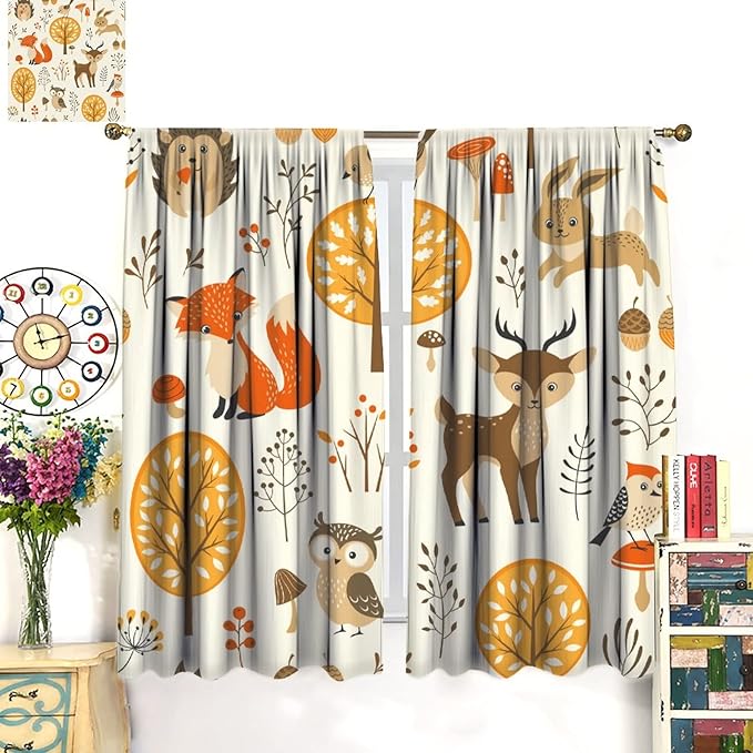 Kids Forest Animal Curtains,Baby Bedroom Window Treatments, Cartoon Watercolor Forest Animal Lion Boys Girls Children Bedroom Drapes 52x84in