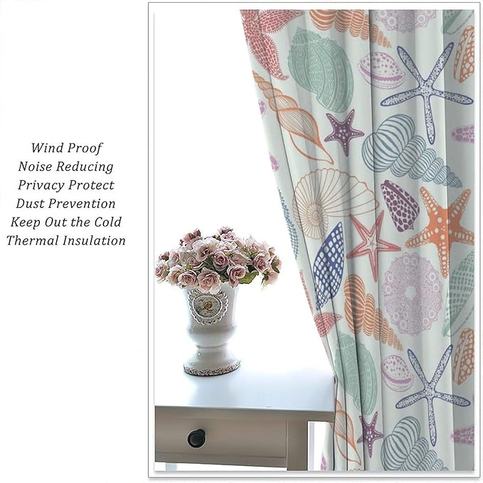Coastal Nautical Curtains,Colorful Starfish Seashell Beach Sea Starfish Seashell Theme Pattern Blackout Print Home Bedroom Living Room Window Treatmen 2 Panel Set 63x72 Inch