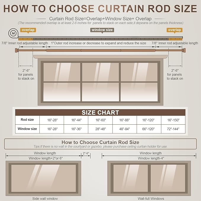 Modern Brown Curtain Rods for Windows 28 to 48 Inches Adjustable Length Heavy Duty 1" Diameter Window Curtain Rod with Decorative Finials for Outdoor Bedroom Kitchen Living Room