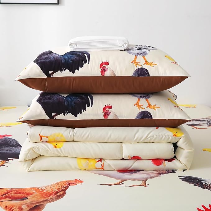 Wajade Chicken Comforter Set 7 Pcs Animal Theme Bedding Set Twin Size for Kids Adults Chicken Quilt Farm Theme Printed Pattern for Thanksgiving Birthday