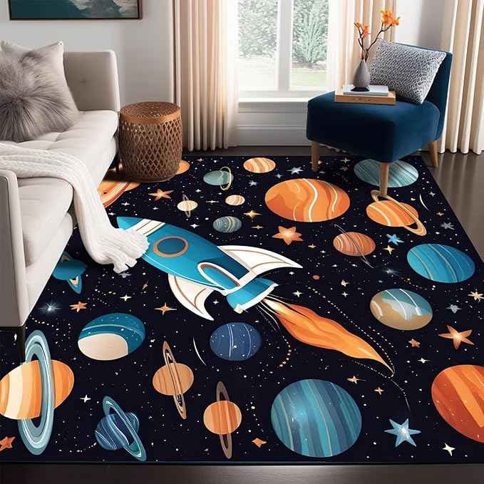 Space Rug for Kids Room Rocket Rugs Cartoon Stars Carpet Galaxy Planet Printed Throw Rugs for Boys Children Bedroom Living Room,39 in x 79 in