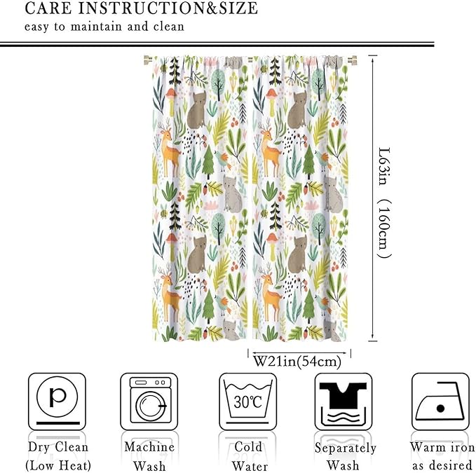 Cartoon Forest Kids Blackout Curtains,Cute Woodland Wild Animals Colorful Deer Plants Trees Print Pattern Thermal Insulation Window Drapes for Nursery Boys Girls Bedroom,White Background 42x63in