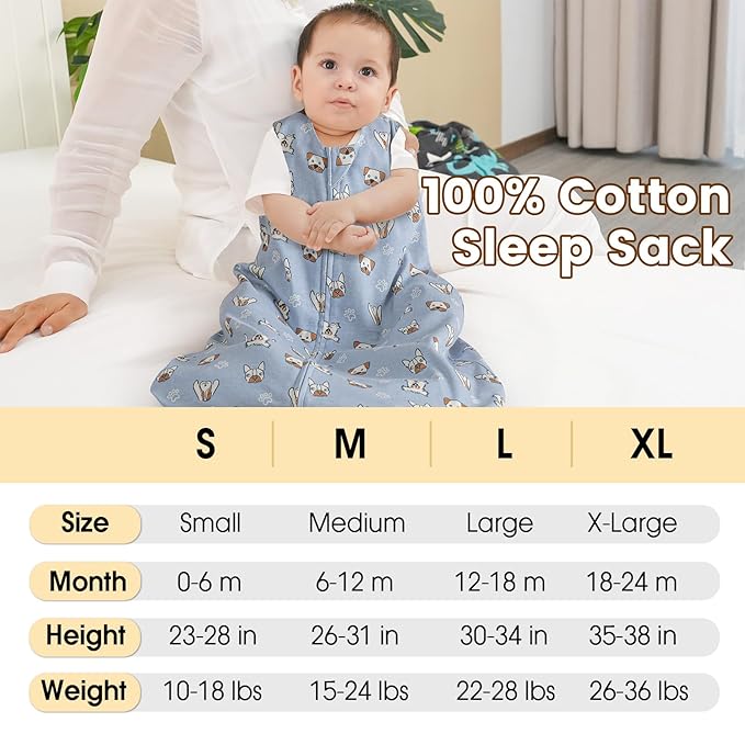 PHF Soft Baby Sleep Sack 6-12 Months 100% Organic Cotton Wearable Blanket, 2-Way Zipper 0.5 TOG Toddler Sleeping Sack 3 Pack, Comfy Sleep Bag for Baby Boys Girls, Pets Dogs (Medium)