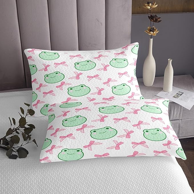 Manfei Pink Bowknot Bedspread Twin Size,Cartoon Frog Bow Tie Butterfly Knot Princess Coverlet Set,Girls Women Room Decor,Geometric Patchwork Cute Quilted Coverlet,Sweet Bedding Quilt,1 Pillowcase