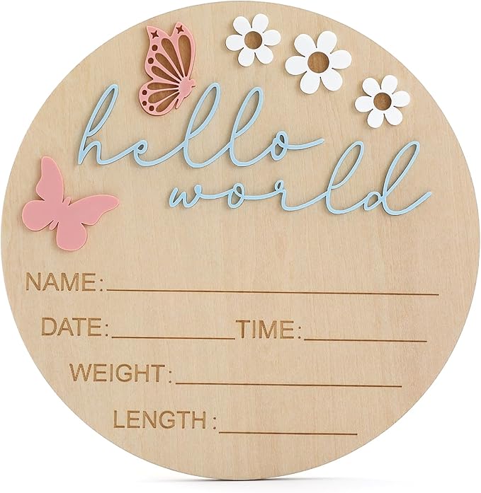 5.9 Inch Wooden Hello World Baby Announcement Sign, Newborn Welcome Board with Pink Butterfly, Baby Shower Hospital Nursery Photo Props for Boys & Girls