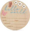 5.9 Inch Wooden Hello World Baby Announcement Sign, Newborn Welcome Board with Pink Butterfly, Baby Shower Hospital Nursery Photo Props for Boys & Girls