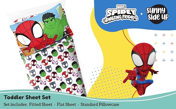 Sunny Side Up Spidey & His Amazing Friends Toddler Sheet Set - 3 Piece Toddler Bedding Set Includes Pillow Cover - Super Soft Superhero Microfiber Sheets Features Miles Morales & Ghost Spider
