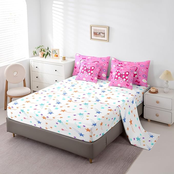 7 Pieces Pink Bowknot Kids Comforter Set Twin,Daisy Flowers Geometric Dot Patchwork Bedding Set,Bow Tie Cute Princess Dreamy Chic（Comforter+Fitted+Flat Sheet+2 Pillowcases+2 Throw Pillow Covers）