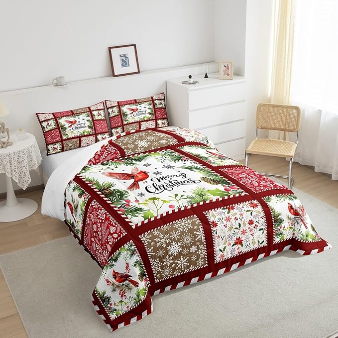Castle Fairy Merry Christmas Full Size Comforter Set,Xmas Patchwork Watercolor Cardinal Bird Bedding Comforters Bedroom Collection,Floral Leaves Snowflakes Plaid Bedding Set for Girls Teens