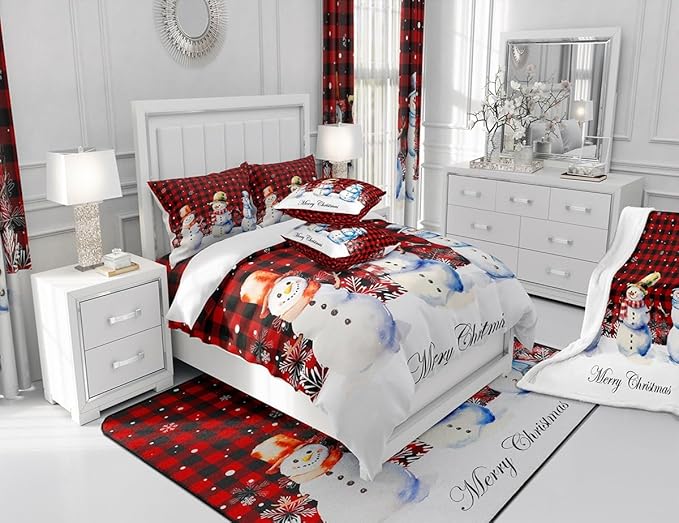 Xmas Snowman Duvet Cover Set King Size, Christmas Bedding Set 3pcs for Kids Boys Girls Bedroom Decor, Red Black Plaid Print Comforter Cover with 2 Pillowcases,Snowflake Print Quilt Cover,No Comforter