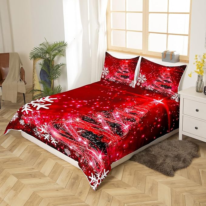 Manfei Red Xmas Tree Duvet Cover Set Queen Size, White Snowflake Print Bedding Set 3pcs for Kids Boys Girls Bedroom Decor, Christmas Theme Comforter Cover with 2 Pillowcases,No Comforter
