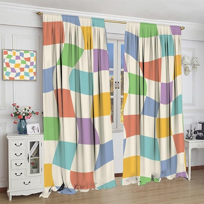 Checkered Curtains,70s Vintage Twisted Checkered Window Drapes Colorful Groovy Trendy Wavy Hippie Grid Print Window Treatments for Kids Girls Bedroom Living Room Bathroom 63" W X 72" L