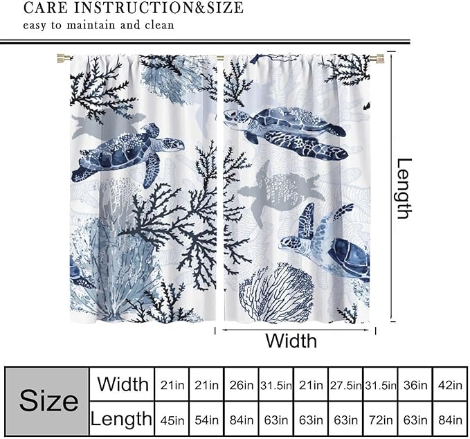 Coastal Nautical Curtains, Turtle Beach Sea Seashell Theme Pattern Blackout Print Home Bedroom Living Room Window Treatmen 2 Panel Set 42x54 Inch