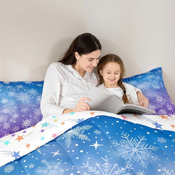 Feelyou Christmas Bedding Set Soft for Boys Girls, Winter Snowflake Comforter Set Queen Size Purple Blue Gradient Duvet Quilt Microfiber Bedroom Decor 3 Pcs with 2 Pillow Cases