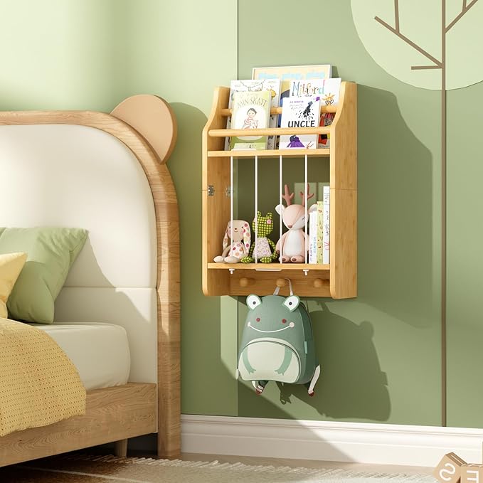 Wall-Mounted Kids Bookshelf, 2-Tier Bamboo Floating Nursery Book Shelf, Picture Ledge Shelf for Wall Decor and Storage, Hanging Toy Shelf Organizer for Baby Rooms Playroom Bedroom